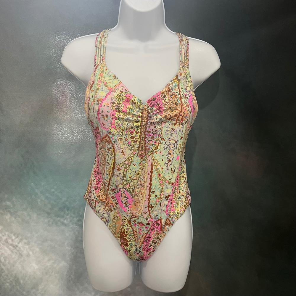 Victorias Secret Paisley Strappy‎ Back One Piece Swimsuit Pink Mint Gold Medium